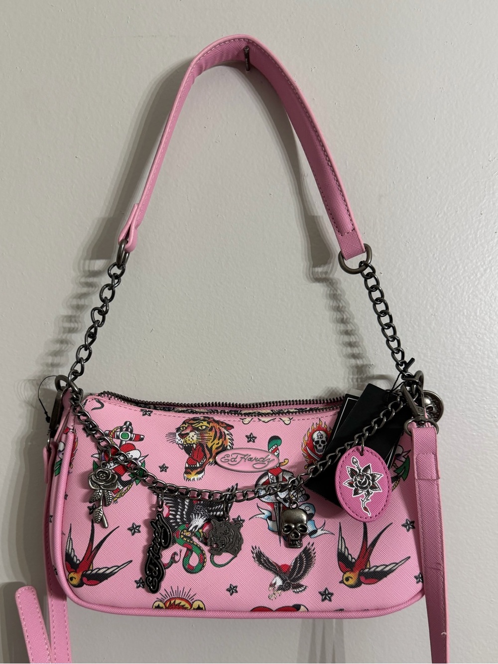 Ed Hardy Pink Multicolor Tattoo Print Shoulder Bag